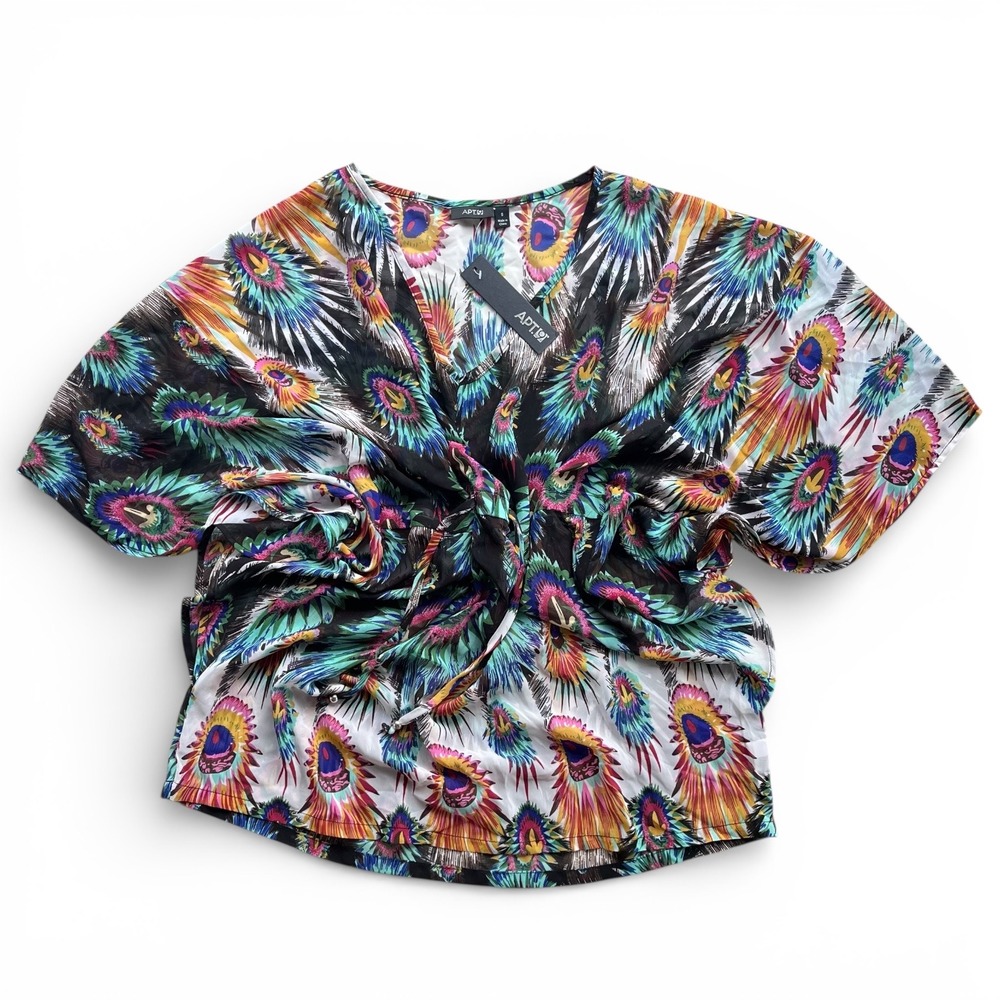 Apt 9 Women S Pink Multi Peacock Print Drawstring Waist Kimono Tunic Beach Cover